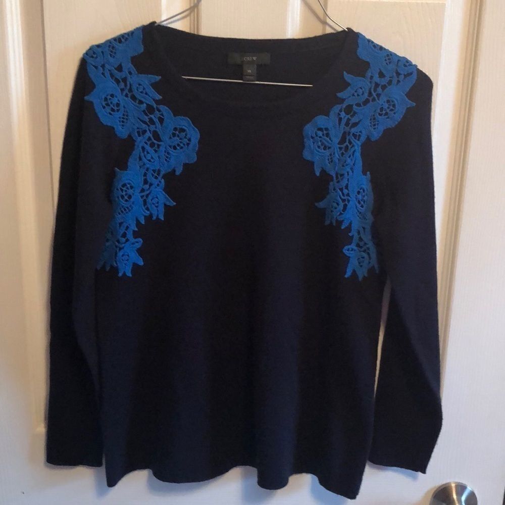 J. Crew Navy Crewneck Sweater with Royal Blue Lace Appliqué